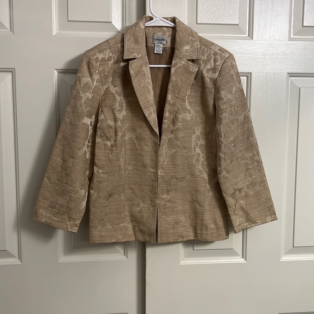 #45- Chico’s Cream Open Front Jacket Lined Blazer Metallic Size 1